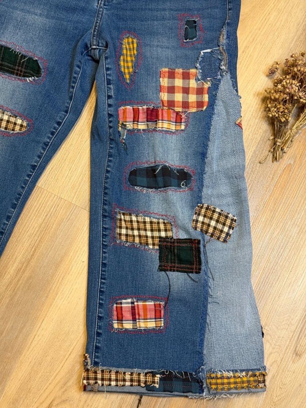 Upcycled Patchwork Jeans | Wide Leg Patched Denim | Visible Mending Art - Picture 6 of 11